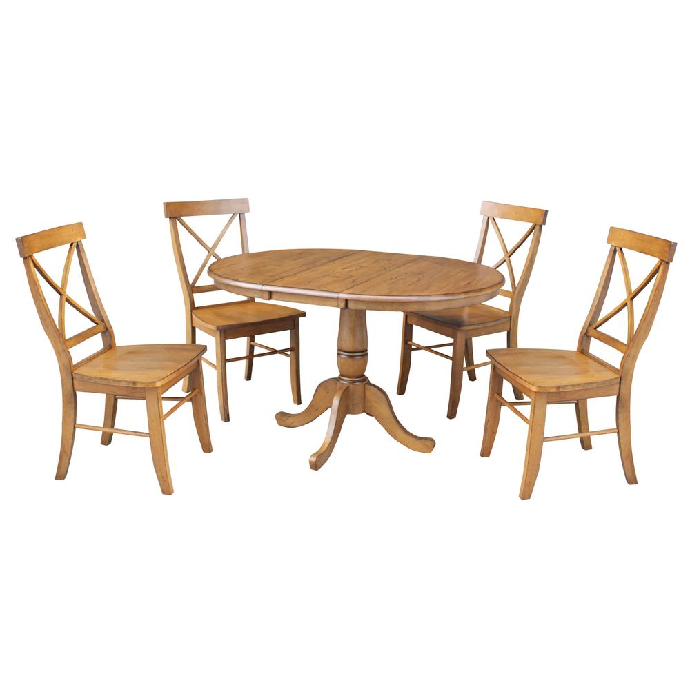 36" Round Top Pedestal Ext Table With 12" Leaf And 4 X-Back Rta Chairs, Pecan. Picture 1