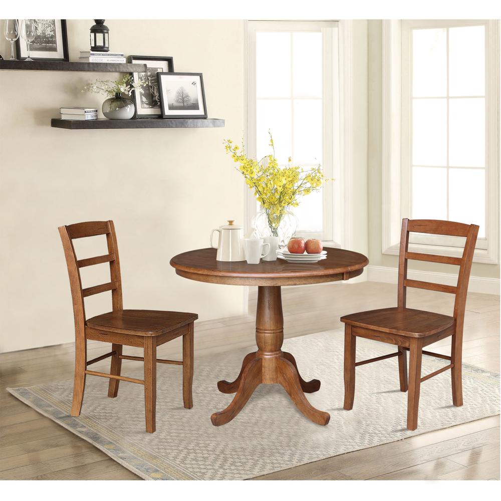 36" Round Extension Dining Table with Leaf and Two Madrid Ladderback Chairs - 3 Piece Dining Set, Distressed Oak. Picture 1