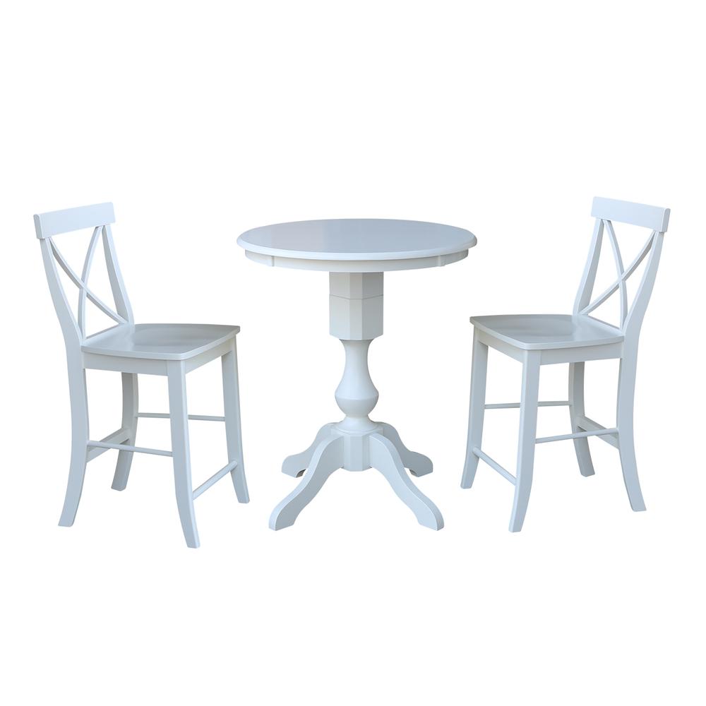30" Round Pedestal Gathering Height Table With 2 X-Back Counter Height Stools, White. Picture 1
