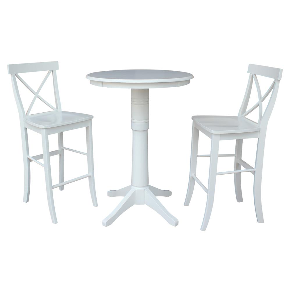 30" Round Pedestal Bar Height Table With 2 X-Back Bar Height Stools, White. Picture 1