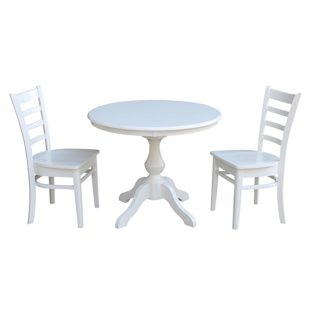 36" Round Top Pedestal Table - With 2 Emily Chairs, White. Picture 1