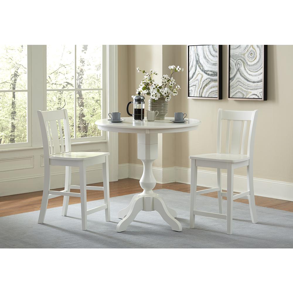 36" Round Pedestal Gathering Height Table With 2 San Remo Counter Height Stools, White. Picture 1