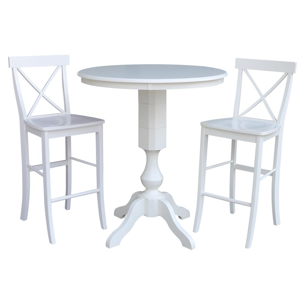 36" Round Pedestal Bar Height Table With 2 X-Back Bar Height Stools, White. Picture 1