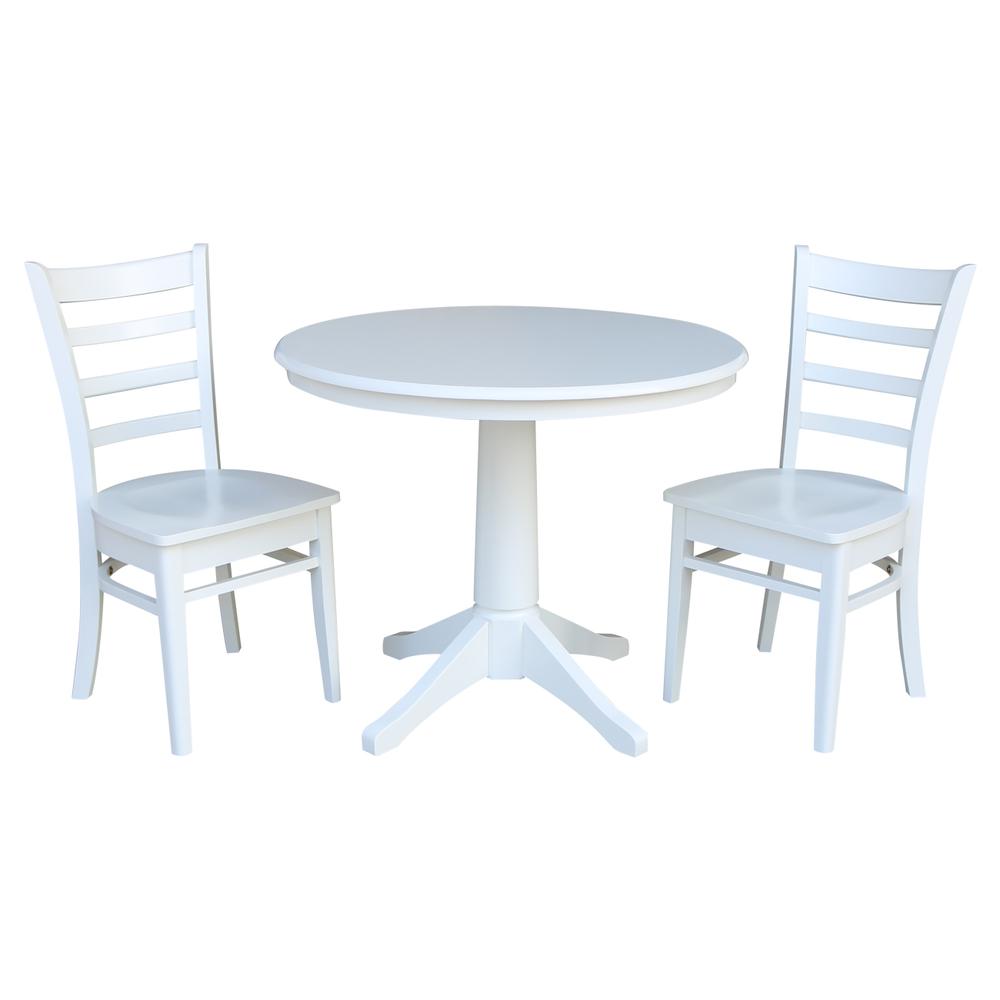 36" Round Top Pedestal Table - With 2 Emily Chairs, White. Picture 1