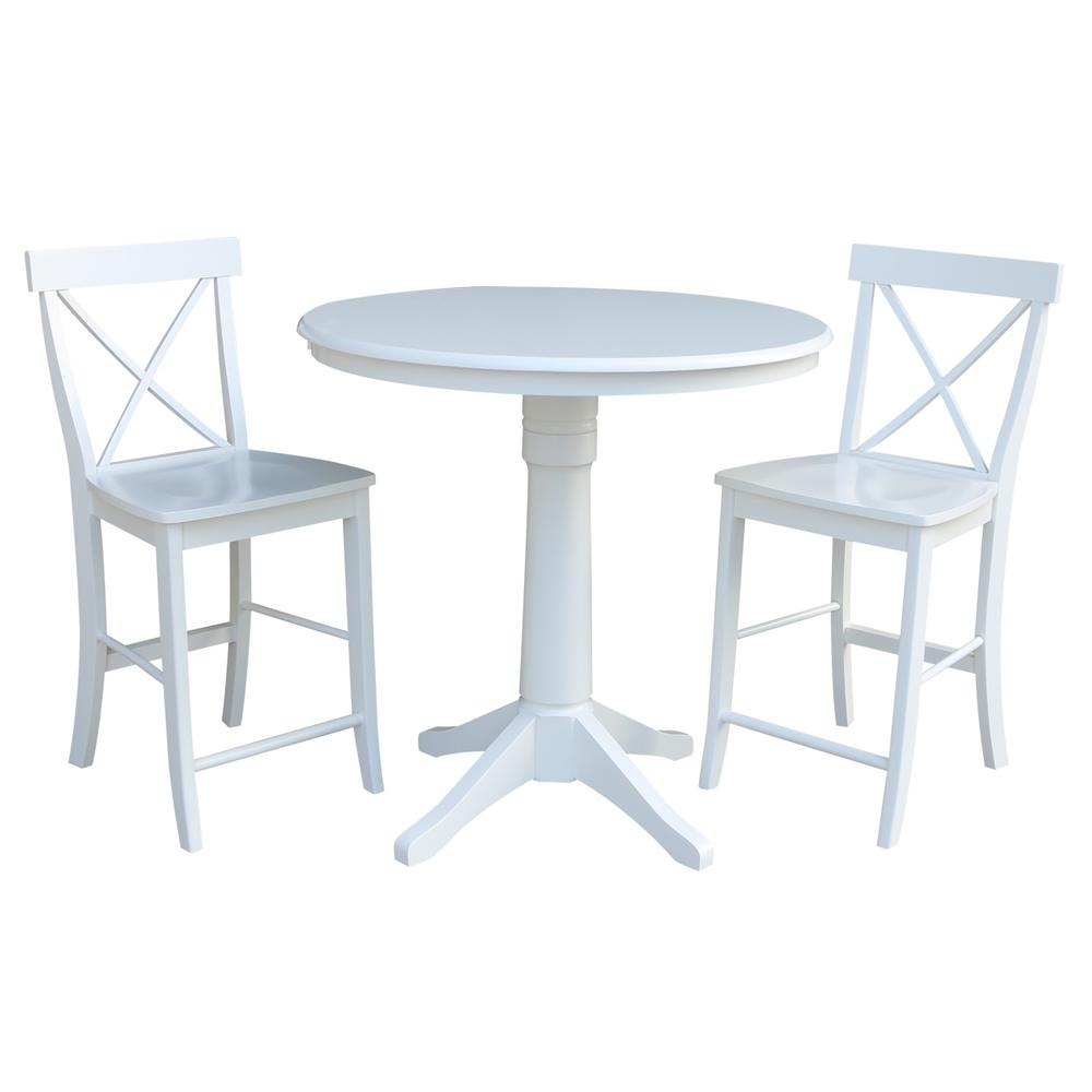 36" Round Pedestal Gathering Height Table With 2 X-Back Counter Height Stools, White. Picture 1