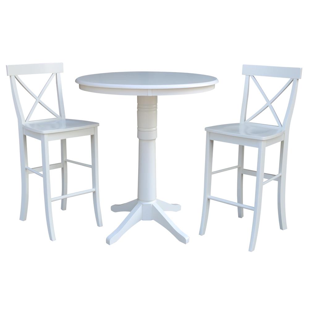 36" Round Pedestal Bar Height Table With 2 X-Back Bar Height Stools, White. Picture 1