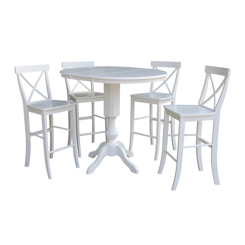 36" Round Extension Dining Table 40.9"H With 4 X-Back Bar height Stools, White. Picture 1