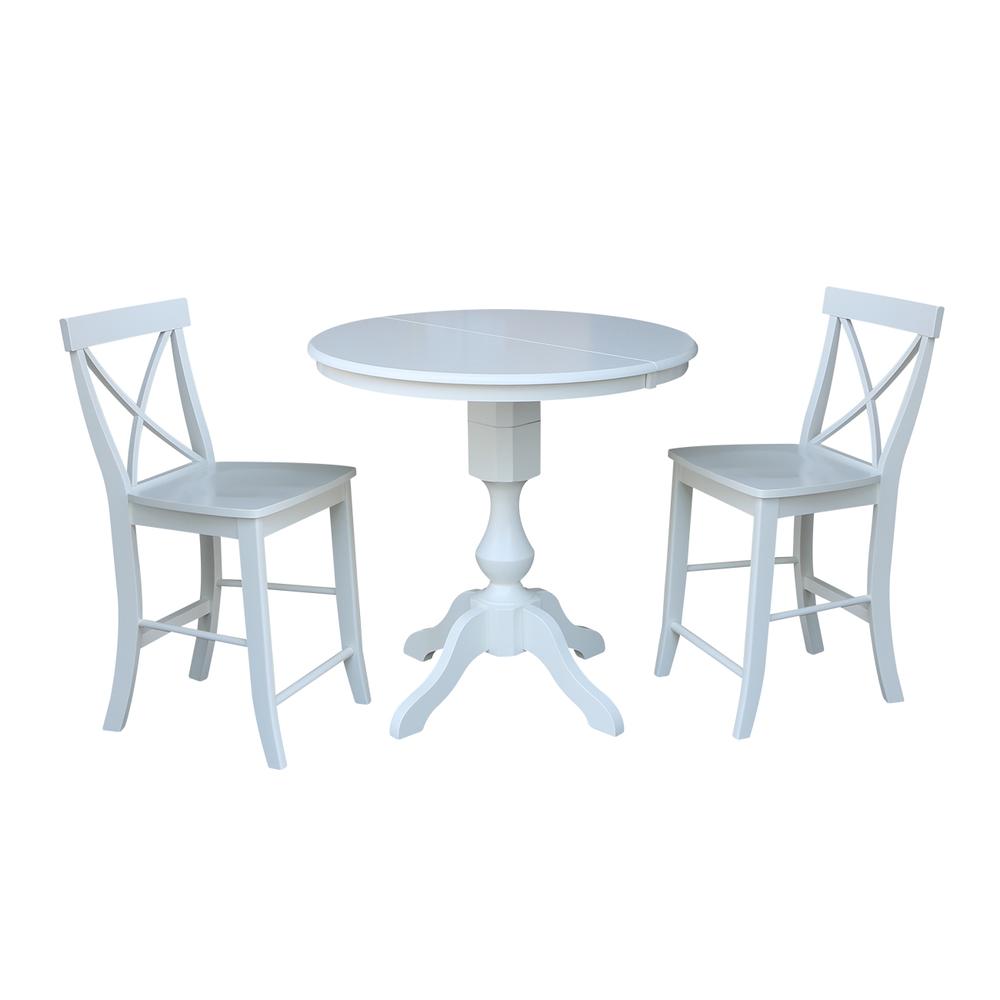 36" Round Extension Dining Table 36"H With 2 X-Back Counter height Stools, White. Picture 1