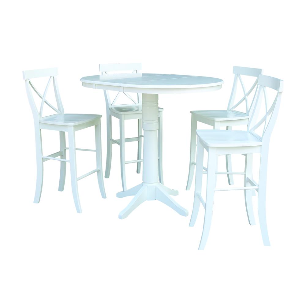 36" Round Extension Dining Table 40.9"H With 4 X-Back Bar height Stools, White. Picture 1