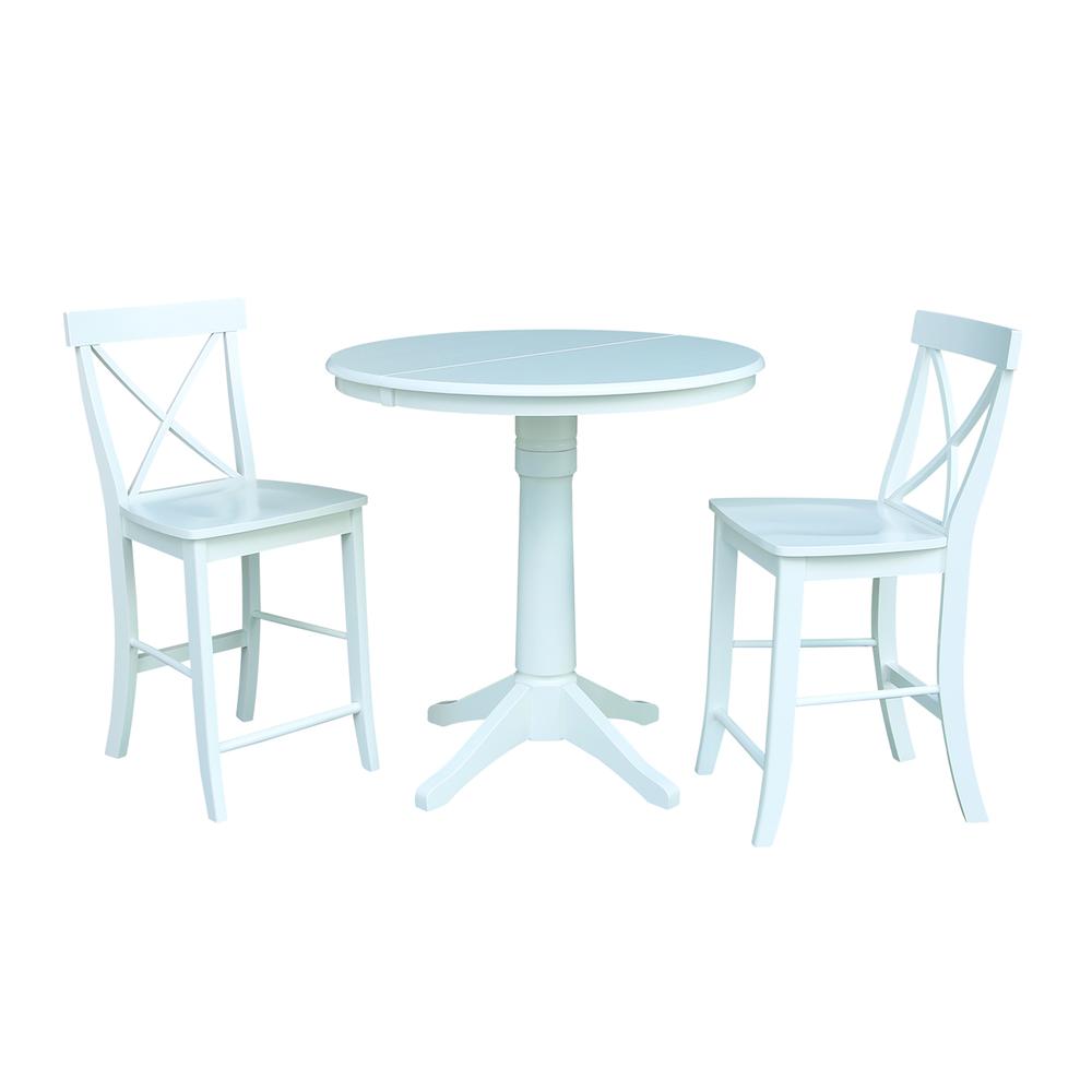 36" Round Extension Dining Table 34.9"H With 2 X-Back Counter height Stools, White. Picture 1