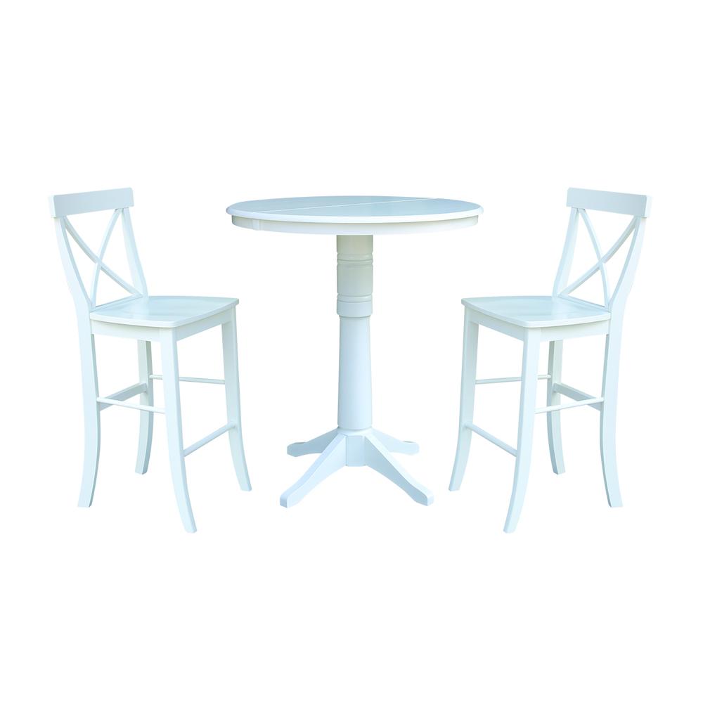 36" Round Extension Dining Table 40.9"H With 2 X-Back Bar height Stools, White. Picture 1
