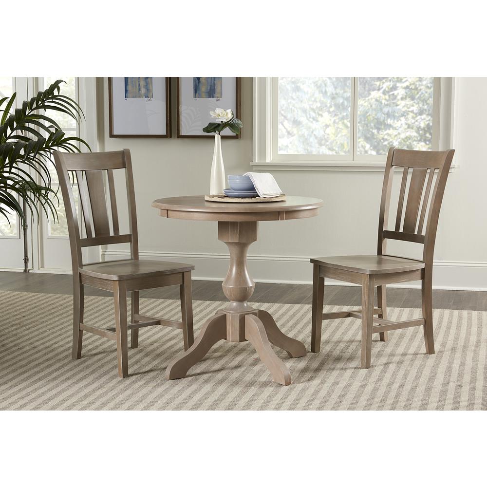 30" Round Top Pedestal Table - With 2 San Remo Chairs, Washed Gray Taupe. Picture 1