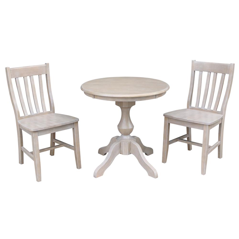 30" Round Top Pedestal Table - With 2 Cafe Chairs, Washed Gray Taupe. Picture 1