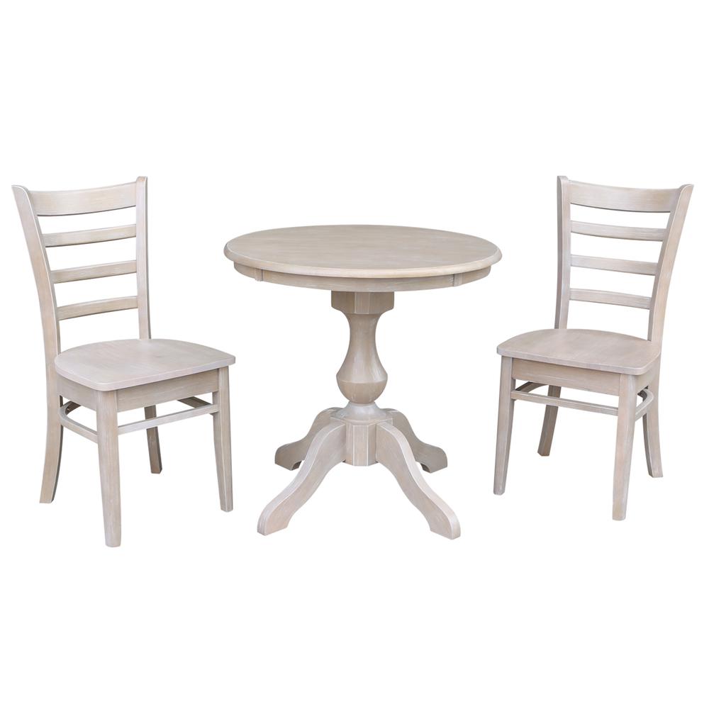 30" Round Top Pedestal Table - With 2 Emily Chairs, Washed Gray Taupe. Picture 1