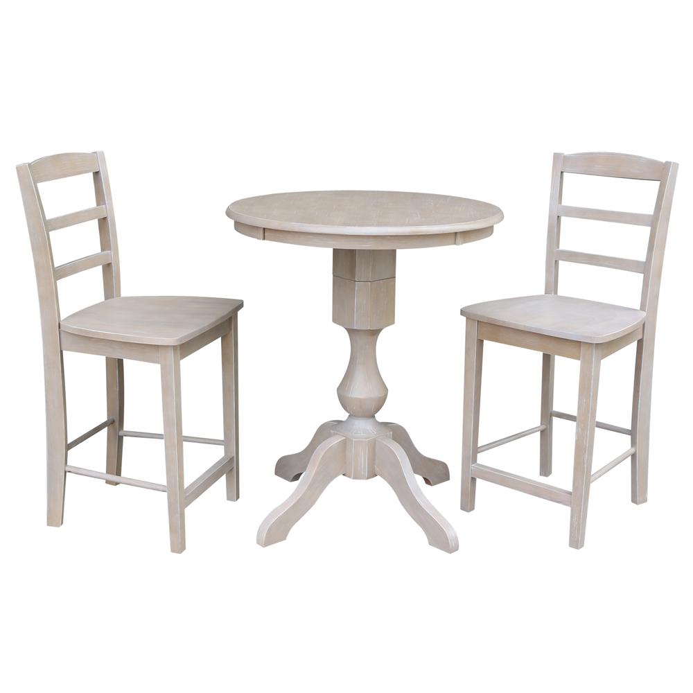30" Round Pedestal Gathering Height Table With 2 Madrid Counter Height Stools, Washed Gray Taupe. Picture 1