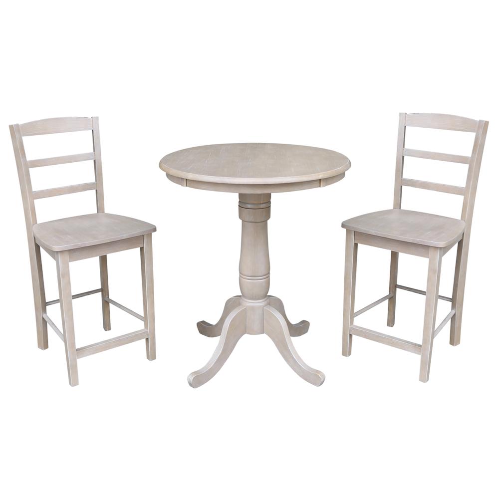 30" Round Pedestal Gathering Height Table With 2 Madrid Counter Height Stools, Washed Gray Taupe. Picture 1