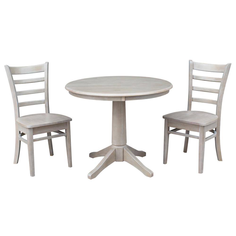 36" Round Top Pedestal Table - With 2 Emily Chairs, Washed Gray Taupe. Picture 1