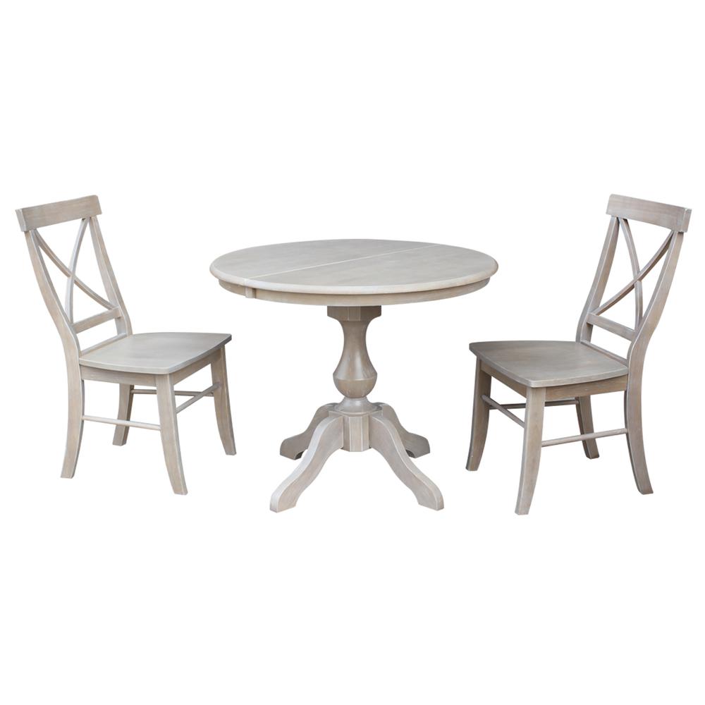 36" Round Extension Dining Table With 2 X-Back Chairs, Washed Gray Taupe. Picture 1