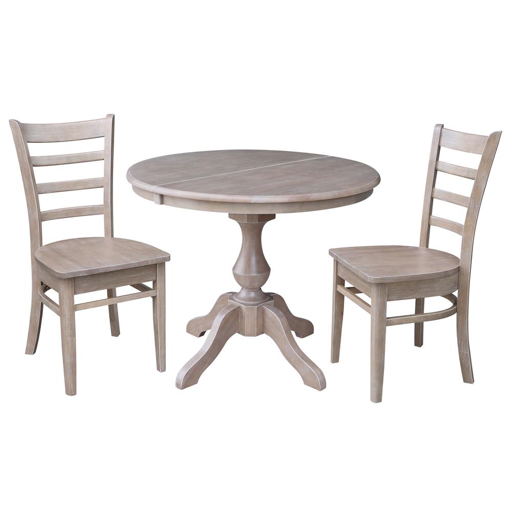 36" Round Extension Dining Table With 2 Emily Chairs, Washed Gray Taupe. Picture 1