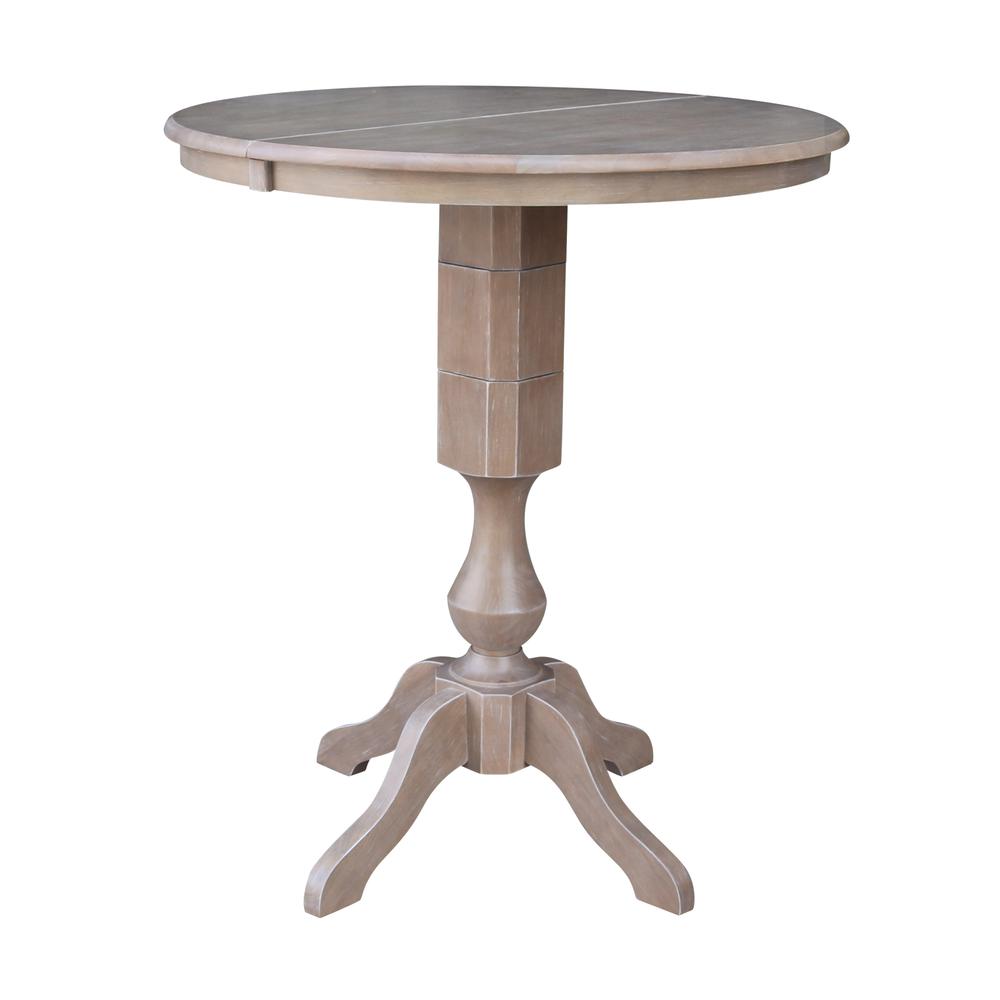 36" Round Top Pedestal Table With 12" Leaf - 40.9"H - Dining, Counter, or Bar Height, Washed Gray Taupe. Picture 8
