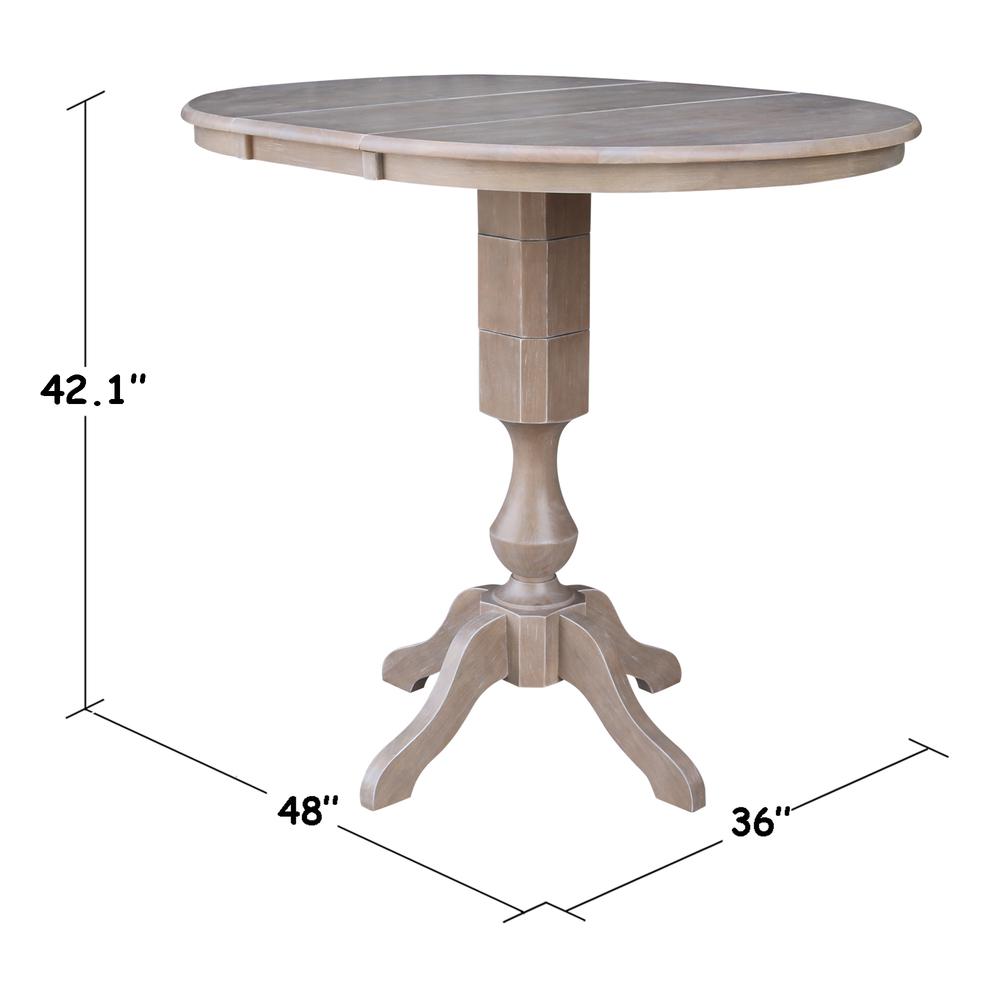 36" Round Top Pedestal Table With 12" Leaf - 40.9"H - Dining, Counter, or Bar Height, Washed Gray Taupe. Picture 1