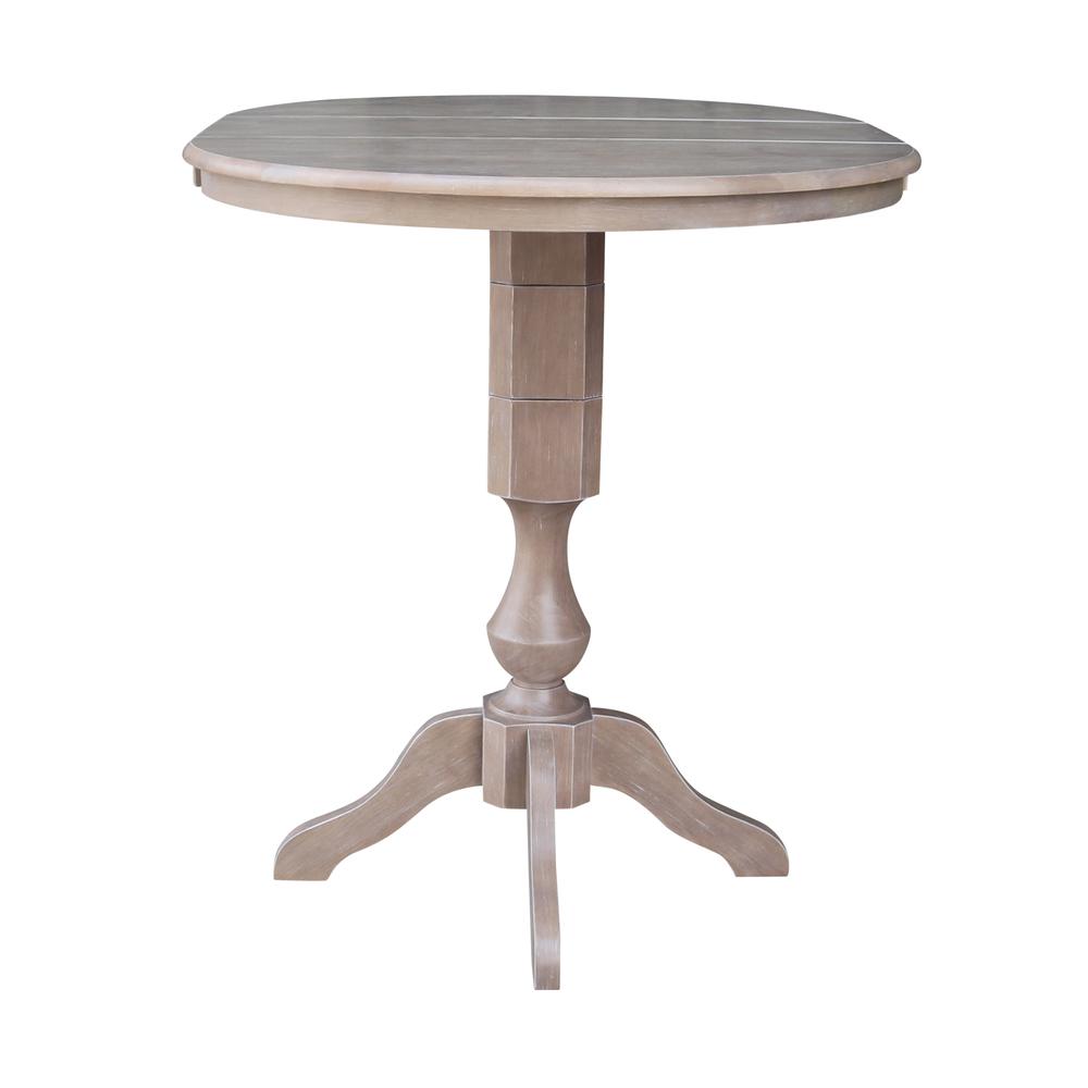 36" Round Top Pedestal Table With 12" Leaf - 40.9"H - Dining, Counter, or Bar Height, Washed Gray Taupe. Picture 4