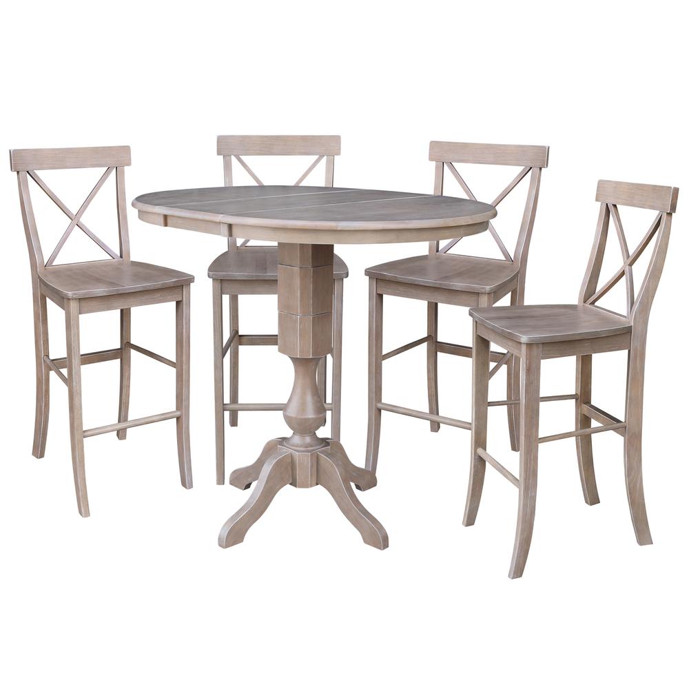 36" Round Extension Dining Table with Four Bar height Stools, Washed Gary Taupe, Washed Gray Taupe. Picture 1
