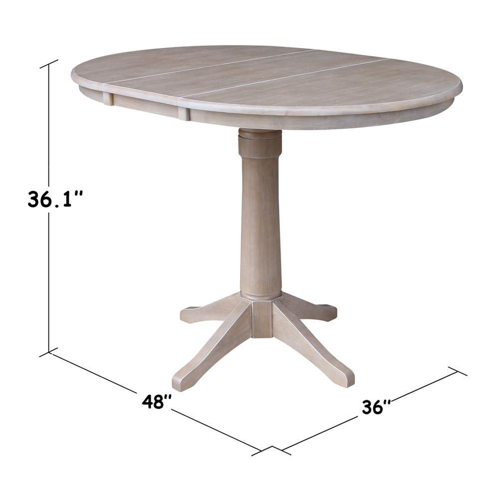 36" Round Top Pedestal Table With 12" Leaf - 34.9"H - Dining or Counter Height, Washed Gray Taupe. Picture 1