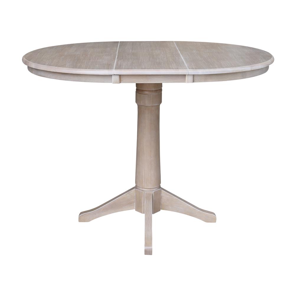 36" Round Top Pedestal Table With 12" Leaf - 34.9"H - Dining or Counter Height, Washed Gray Taupe. Picture 2