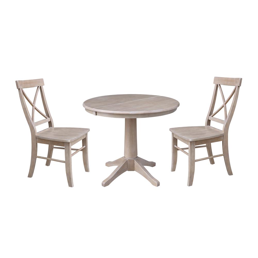 36" Round Extension Dining Table With 2 X-Back Chairs, Washed Gray Taupe. The main picture.