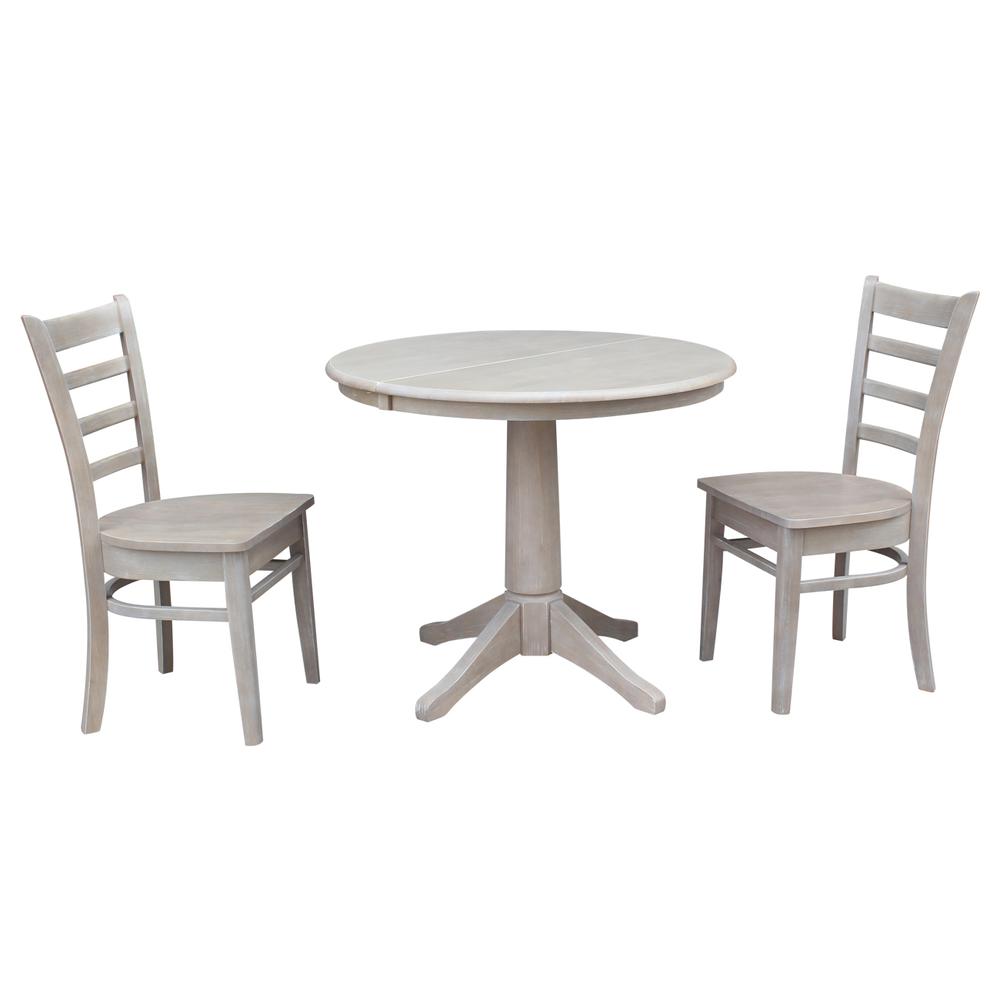 36" Round Extension Dining Table With 2 Emily Chairs, Washed Gray Taupe. Picture 1