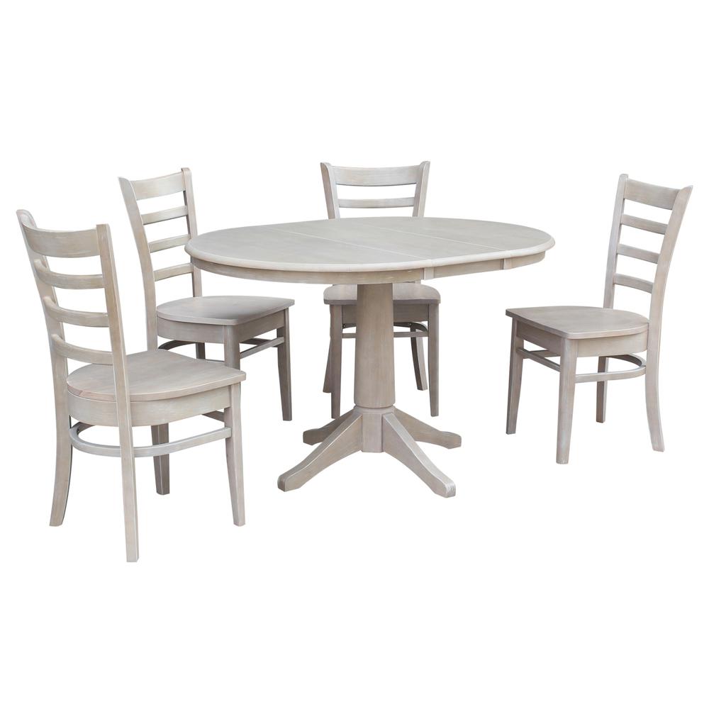 36" Round Extension Dining Table With 4 Emily Chairs, Washed Gray Taupe. Picture 1