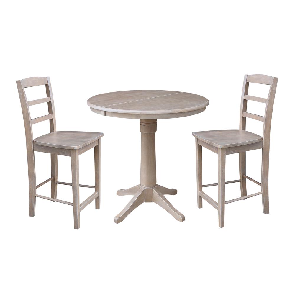 36" Round Extension Dining Table 34.9"H With 2 Madrid Counter height Stools, Washed Gray Taupe. Picture 1