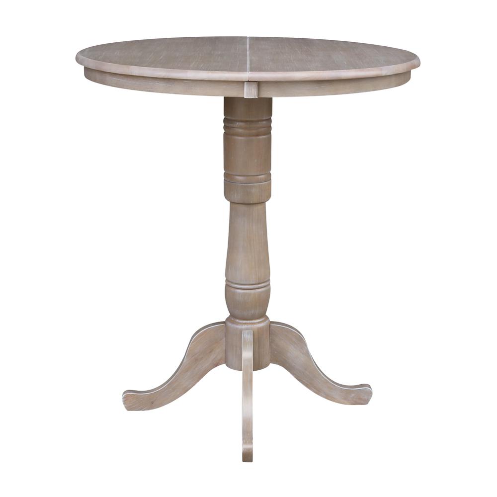 36" Round Top Pedestal Table With 12" Leaf - 40.9"H - Dining, Counter, or Bar Height, Washed Gray Taupe. Picture 3