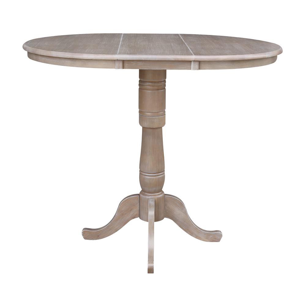36" Round Top Pedestal Table With 12" Leaf - 40.9"H - Dining, Counter, or Bar Height, Washed Gray Taupe. Picture 2