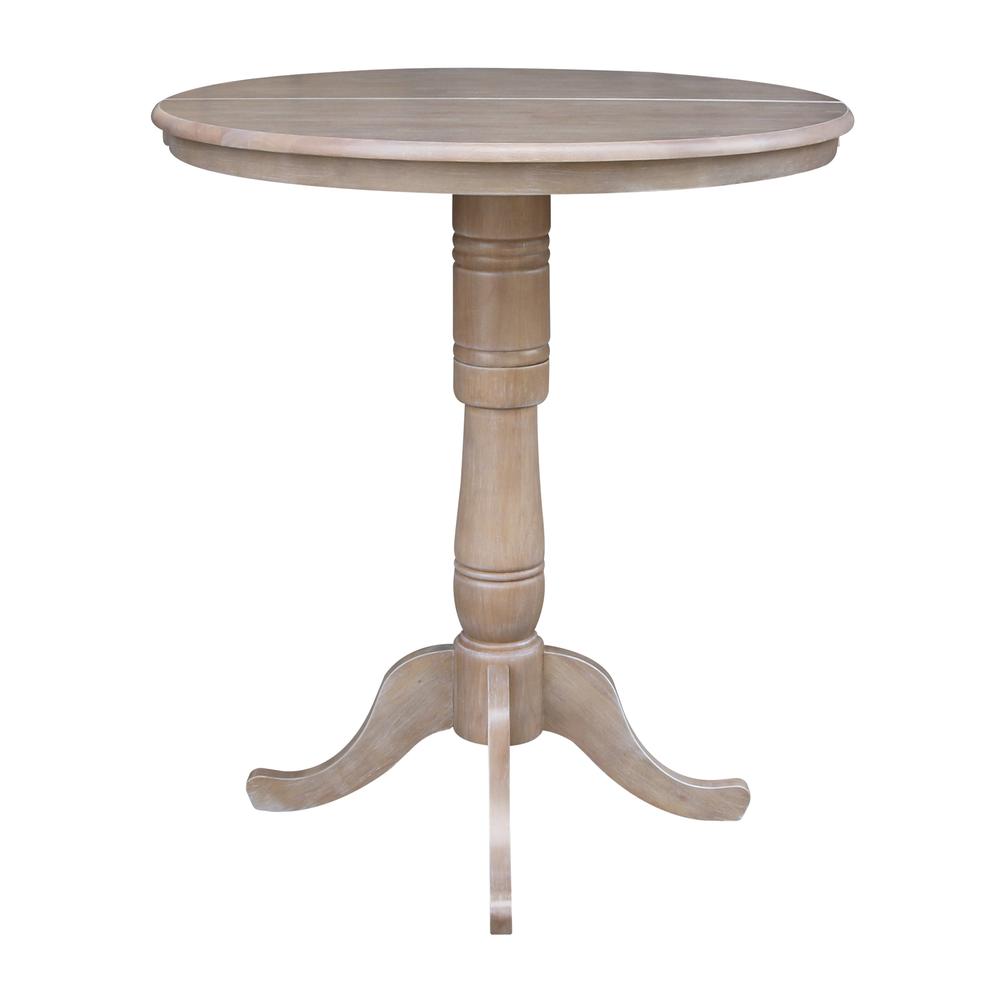 36" Round Top Pedestal Table With 12" Leaf - 40.9"H - Dining, Counter, or Bar Height, Washed Gray Taupe. Picture 5