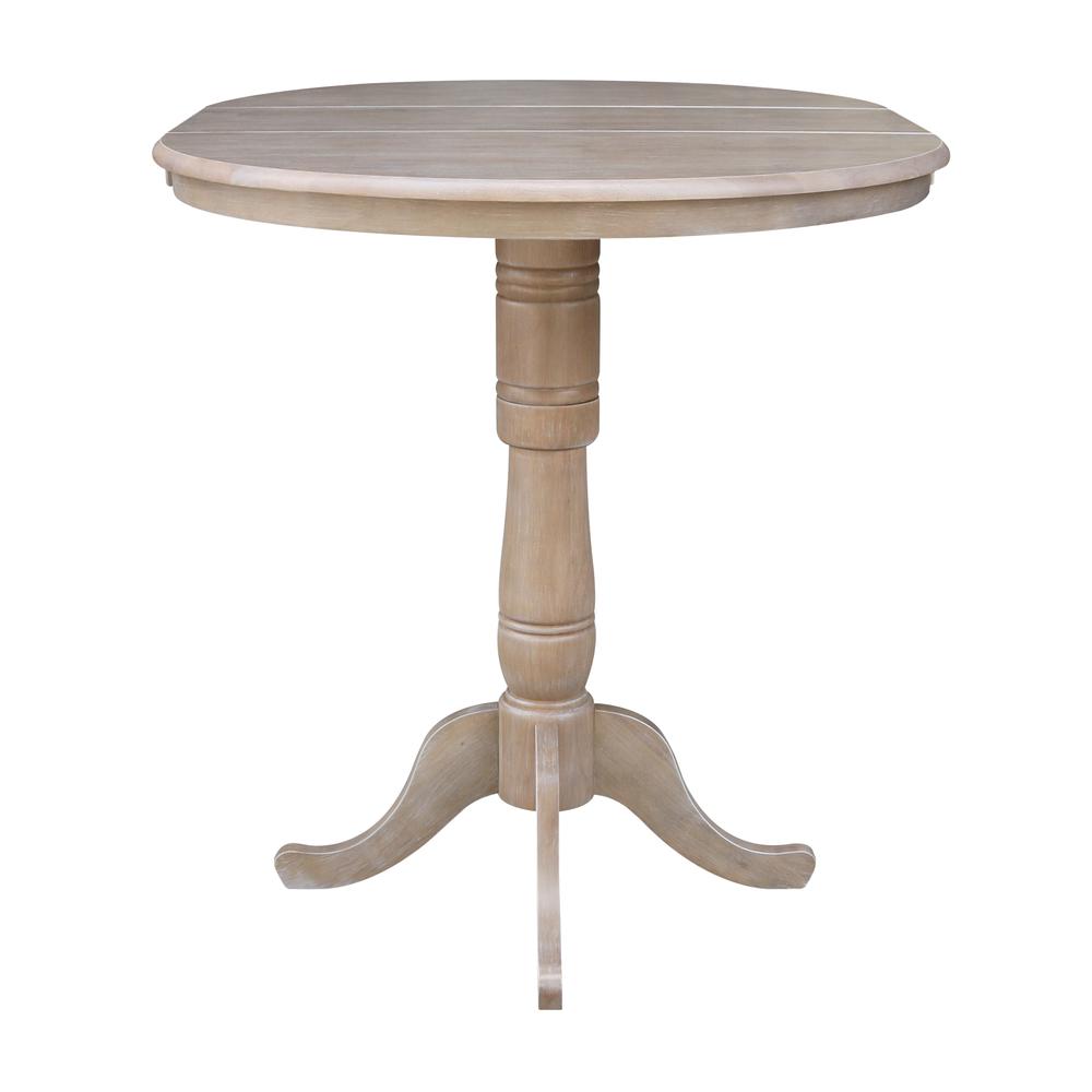 36" Round Top Pedestal Table With 12" Leaf - 40.9"H - Dining, Counter, or Bar Height, Washed Gray Taupe. Picture 4