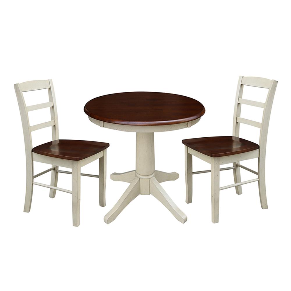 30" Round Top Pedestal Table - With 2 Madrid Chairs, Antiqued Almond/Espresso. Picture 2