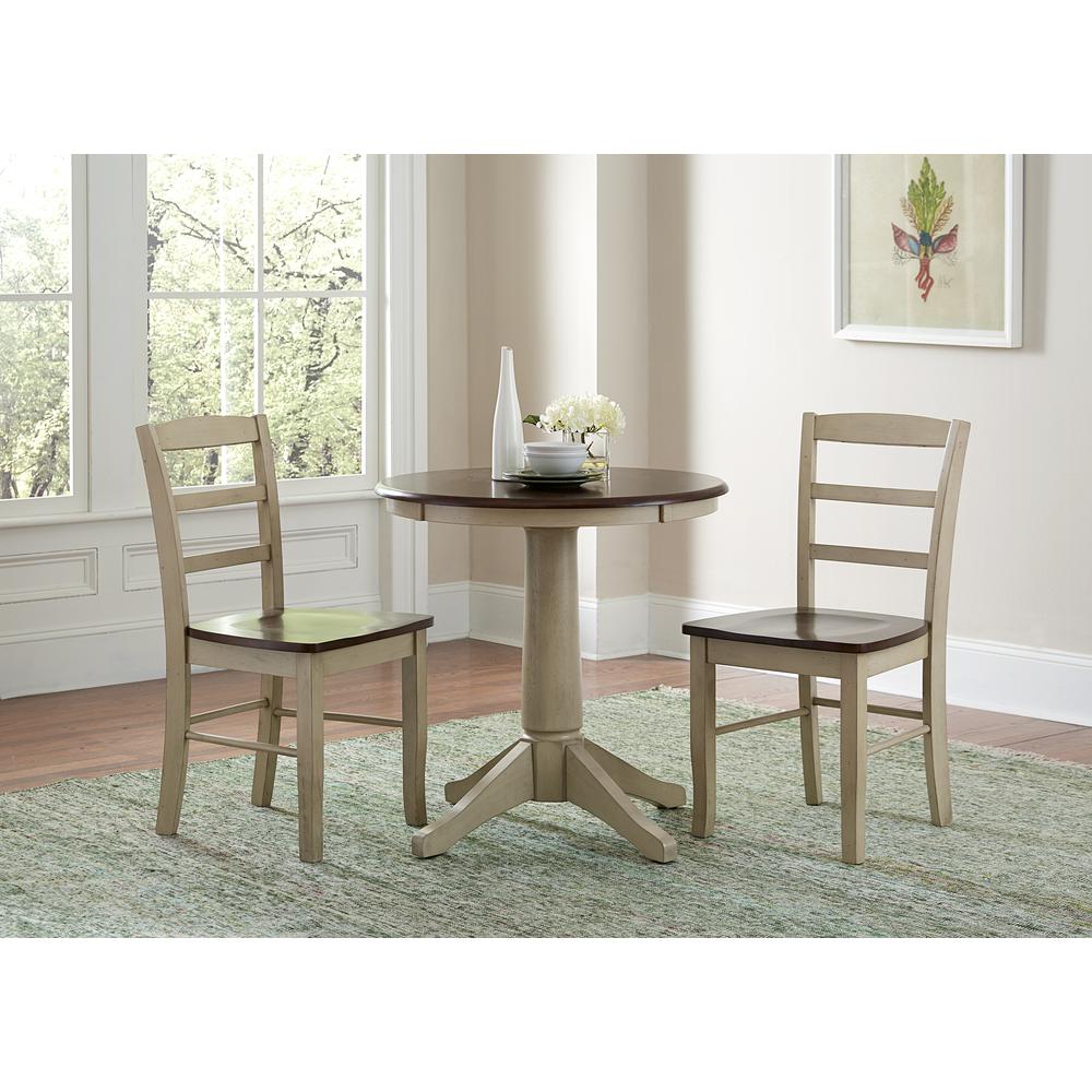 30" Round Top Pedestal Table - With 2 Madrid Chairs, Antiqued Almond/Espresso. Picture 1