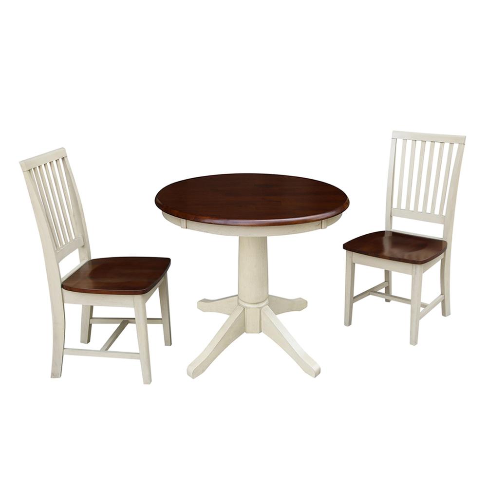 30" Round Top Pedestal Table with 2 Mission Chairs, Antiqued Almond/Espresso. Picture 1