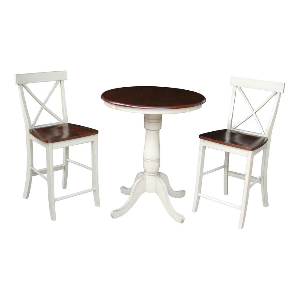 30" Round Pedestal Gathering Height Table With 2 X-Back Counter Height Stools, Antiqued Almond/Espresso. Picture 1