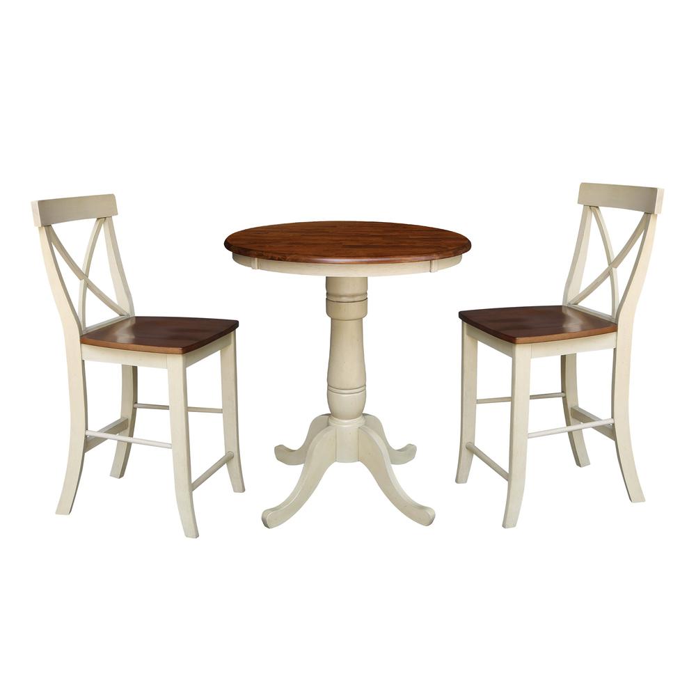 30" Round Pedestal Counter Height Table with 2 Counter Height Stools, Antiqued Almond/Espresso. Picture 1