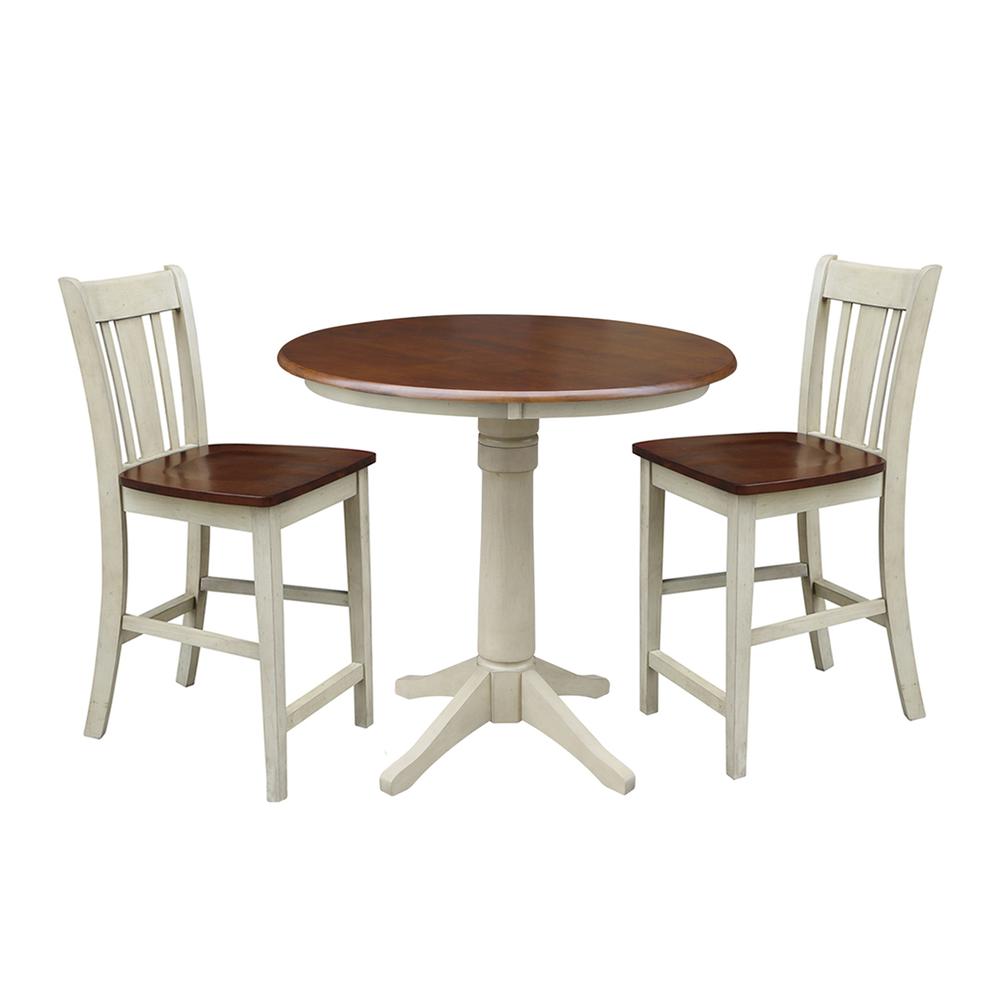 36" Round Pedestal Gathering Height Table With 2 San Remo Counter Height Stools, Antiqued Almond/Espresso. Picture 1