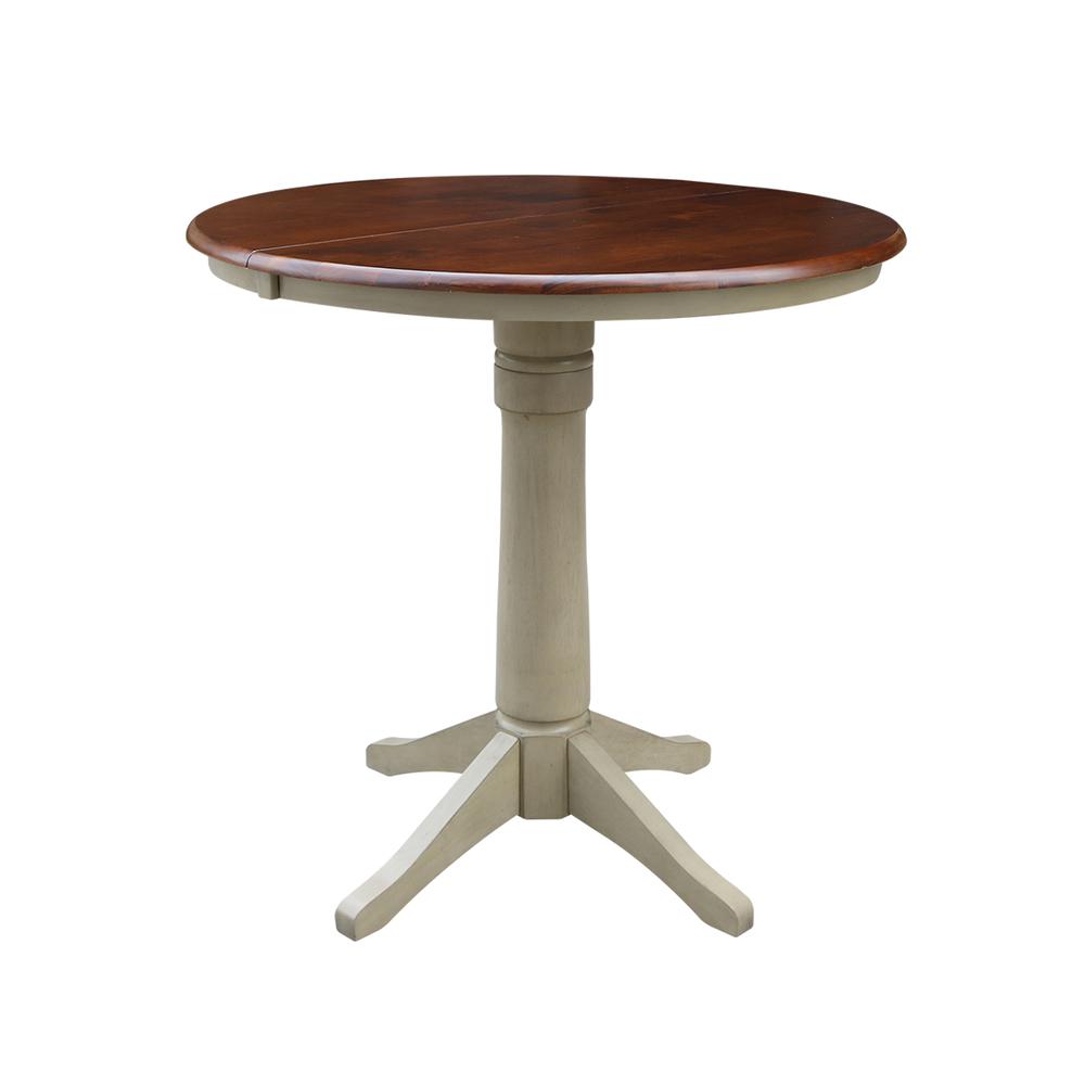 36" Round Top Pedestal Table With 12" Leaf - 34.9"H - Dining or Counter Height, Antiqued Almond/Espresso. Picture 18