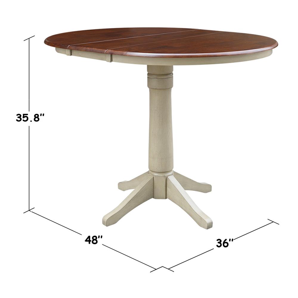 36" Round Top Pedestal Table With 12" Leaf - 34.9"H - Dining or Counter Height, Antiqued Almond/Espresso. The main picture.