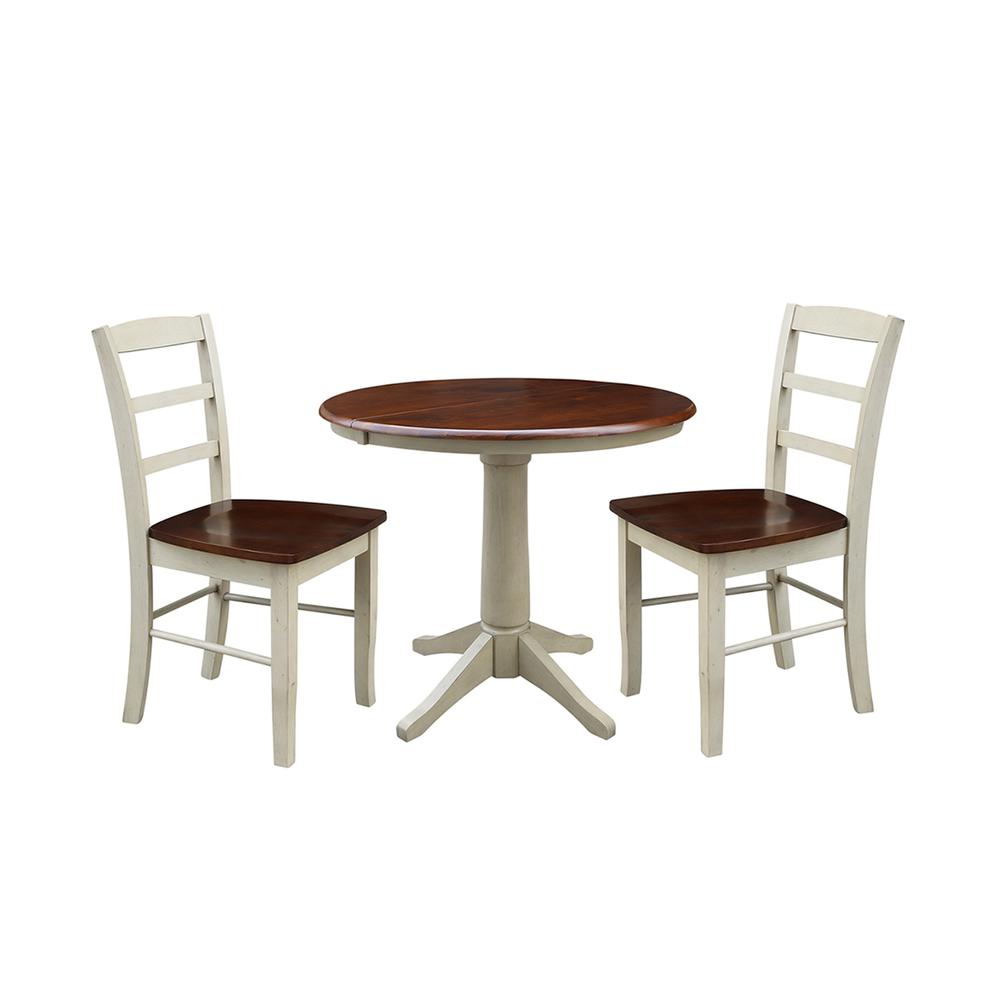 36" Round Extension Dining Table With 2 Madrid Chairs, Antiqued Almond/Espresso. Picture 1