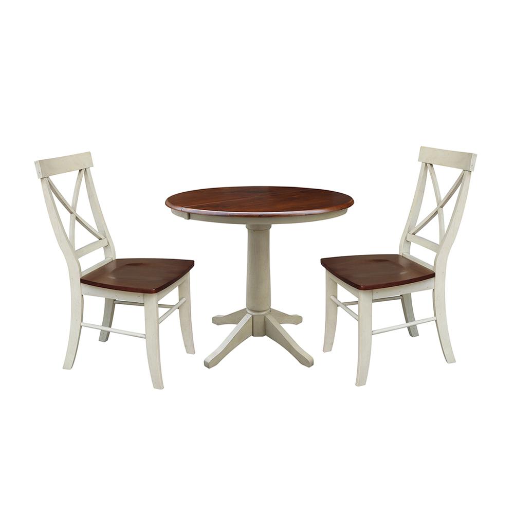 36" Round Extension Dining Table With 2 -Back Chairs, Antiqued Almond/Espresso. Picture 1