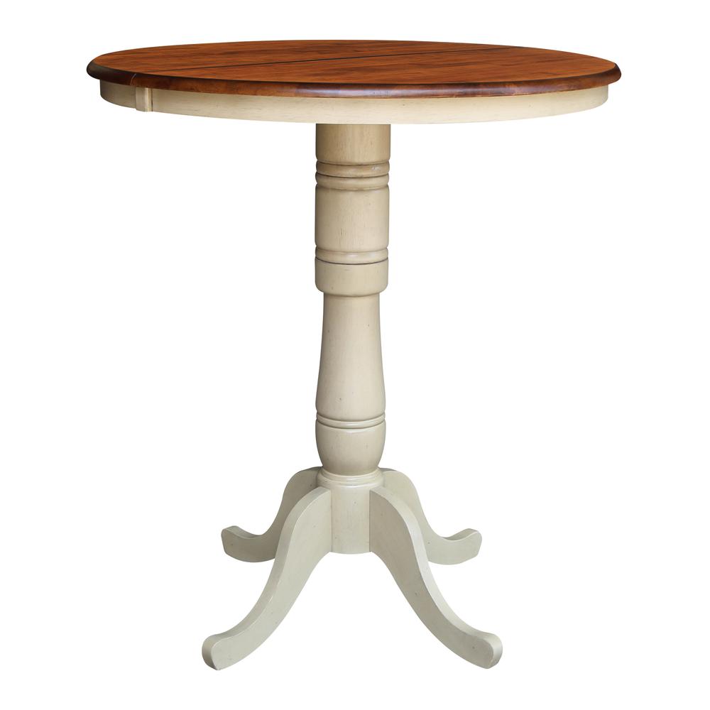 36" Round Top Pedestal Table With 12" Leaf - 40.9"H - Dining, Counter, or Bar Height, Antiqued Almond/Espresso. Picture 6
