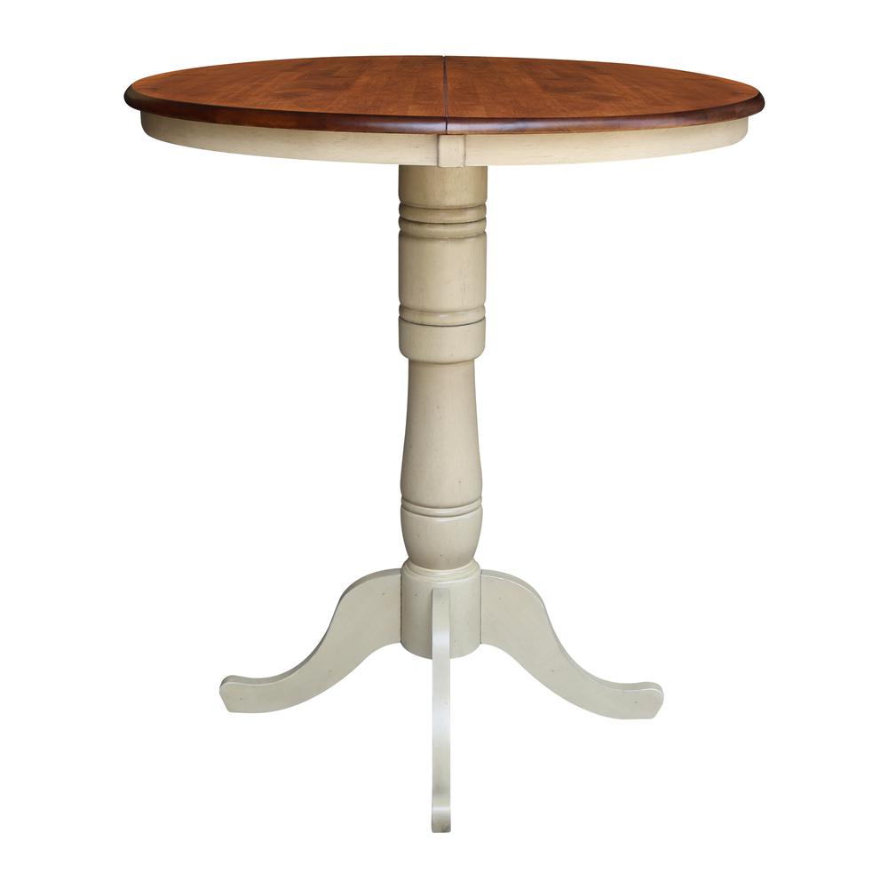 36" Round Top Pedestal Table With 12" Leaf - 40.9"H - Dining, Counter, or Bar Height, Antiqued Almond/Espresso. Picture 3