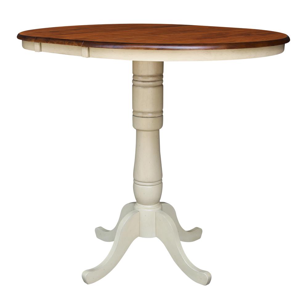 36" Round Top Pedestal Table With 12" Leaf - 40.9"H - Dining, Counter, or Bar Height, Antiqued Almond/Espresso. Picture 5